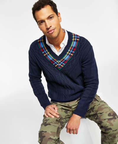 Nautica Men's Reissue Plaid Cable-knit V-neck Sweater In Navy