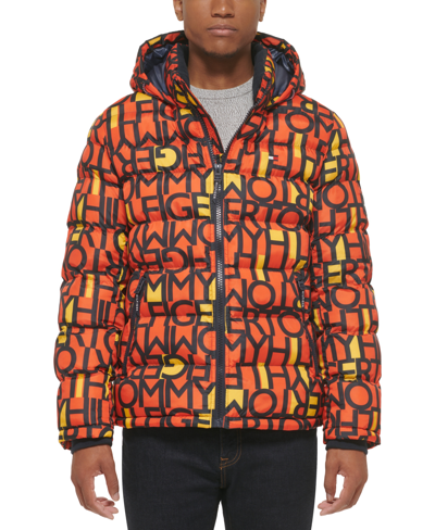 Tommy Hilfiger Men's Quilted Puffer Jacket, Created For Macy's In Orange Logo Print