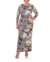 24seven Comfort Apparel Form Fitting Long Sleeve Side Slit Plus Size Maxi Dress In Taupe/purple Multi
