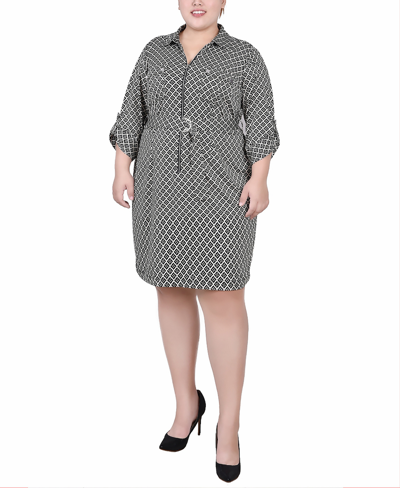 Ny Collection Plus Size Belted Roll Tab Zip Front Shirtdress In Doeskin Black Allie