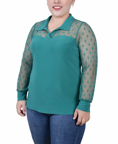 Ny Collection Plus Size Mesh Long Sleeve Top In Pepper Green