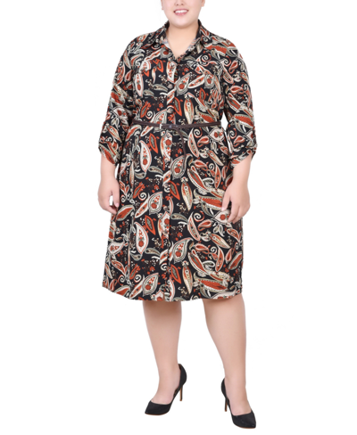 NY COLLECTION PLUS SIZE 3/4 ROLL TAB SLEEVE SHIRTDRESS