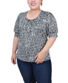 Ny Collection Petite Size Short Sleeve Balloon Sleeve Top In Black Gray Animal