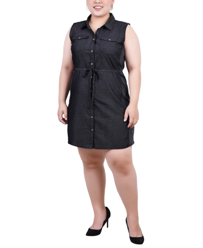 Ny Collection Plus Size Sleeveless Belted Chambray Dress In Black Denim