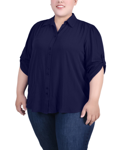 Ny Collection Plus Size 3/4 Sleeve Gauze Blouse In Navy