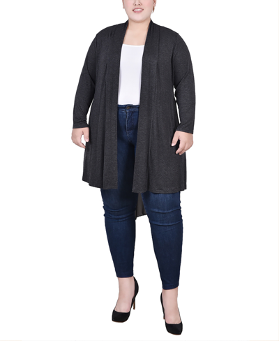 Ny Collection Plus Size Long Sleeve Knit Cardigan With Chiffon Back In Charcoal