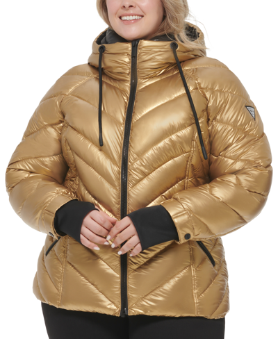 Guess Women's Plus Size Metallic Quilted Hooded Puffer Coat, Created For Macy's In Gold