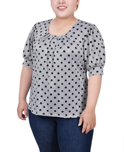 Ny Collection Petite Size Short Sleeve Balloon Sleeve Top In Black/white Abstract Dot