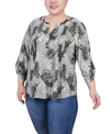 Ny Collection Plus Size 3/4 Roll Tab Sleeve Y-neck Top In Shadow Black Animal