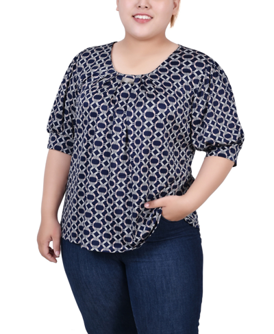 Ny Collection Plus Size Short Sleeve Balloon Sleeve Top In Navy Taupe Link