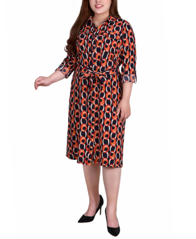 Ny Collection Plus Size Printed Shirt Dress In Black Red Circle Chain