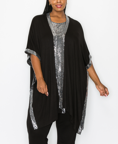 Coin 1804 Plus Size Sequin Contrast Kimono Top In Silver-tone Black