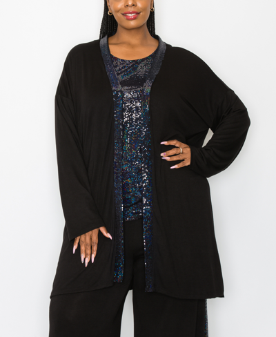 Coin 1804 Plus Size Sequin Contrast Cardigan Sweater In Black Black