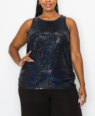 Coin 1804 Plus Size Sequin Side Ruched Tank Top In Black Black