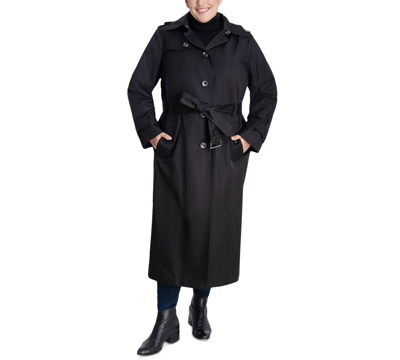 London Fog Petite Hooded Belted Maxi Trench Coat In Black