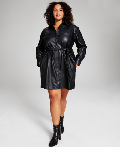 And Now This Trendy Plus Size Faux-leather Shirt Dress In Black