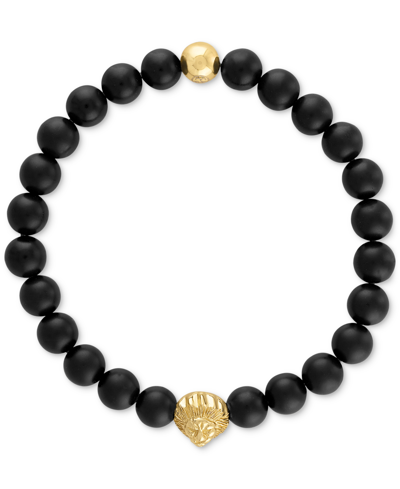Esquire Men's Jewelry Onyx & Lion Bead Stretch Bracelet In 14k Gold-plated Sterling Silver, (also In Blue Tiger Eye), Crea In Black Onyx