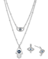 LONNA & LILLY LONNA & LILLY SILVER-TONE PAVE EVIL EYE & HAMSA HAND LAYERED PENDANT NECKLACE & DROP EARRINGS SET