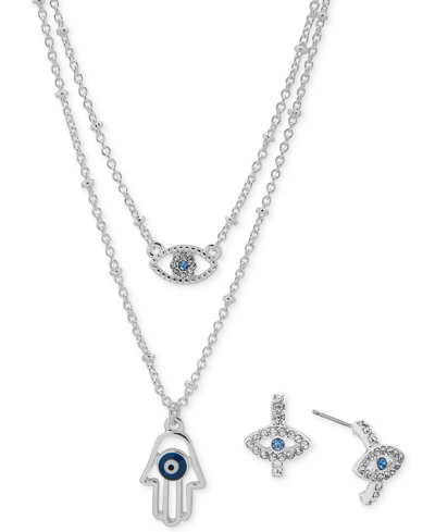 Lonna & Lilly Silver-tone Pave Evil Eye & Hamsa Hand Layered Pendant Necklace & Drop Earrings Set In Navy