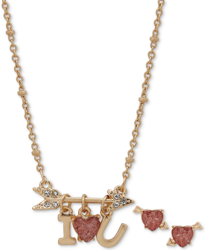 Lonna & Lilly Gold-tone Mixed Stone I Heart U Pendant Necklace & Stud Earrings Set In Pink