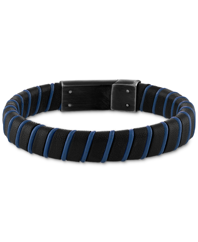 Esquire Men's Jewelry Woven Black & Blue Leather Bracelet In Sterling Silver, Created For Macy's