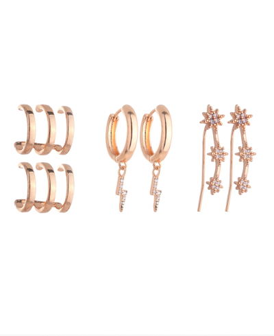 Nicole Miller Crystal Stones With Gold-tone Ear Cuff, Crawler And Hoop Trio Earrings Set, 6 Pieces In Gold-tone/crystal