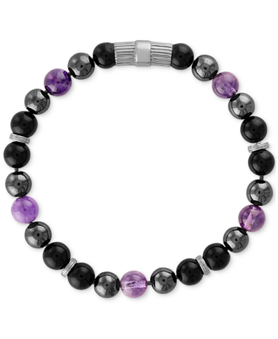 Esquire Men's Jewelry Multi-stone Beaded Stretch Bracelet In Sterling Silver, Created For Macy's