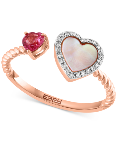 Effy Collection Effy Mother-of-pearl, Pink Tourmaline (1/5 Ct. T.w.), & Diamond (1/20 Ct. T.w.) Heart Cuff Ring In 1 In K Rose Gold