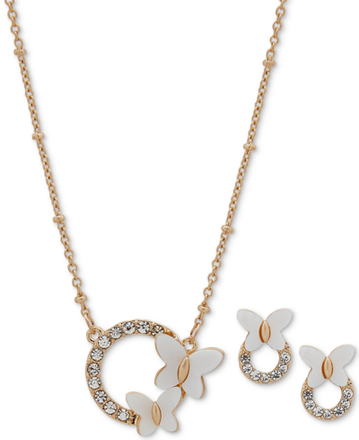 Lonna & Lilly Gold-tone Pave Ring & Mother-of-pearl Butterfly Pendant Necklace & Drop Earrings Set In White