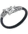 LEGACY FOR MEN BY SIMONE I. SMITH HORSE HEAD BLACK LEATHER BRAIDED BYPASS BRACELET IN STAINLESS STEEL