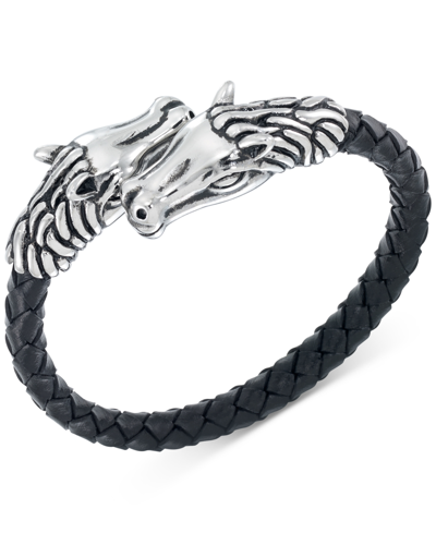 Legacy For Men By Simone I. Smith Horse Head Black Leather Braided Bypass Bracelet In Stainless Stee In No Color