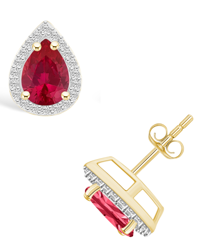 Macy's Lab Grown Ruby (1-1/2 Ct. T.w.) And Lab Grown Sapphire (1/5 Ct. T.w.) Halo Studs In 10k Yellow Gold
