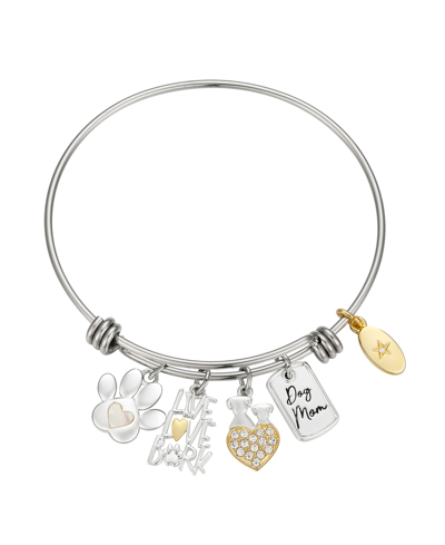 Unwritten 14k Gold Two Tone Flash-plated Crystal Live Love Bark Dog Mom Multi Charm Bangle Bracelet In Yellow