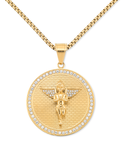Legacy For Men By Simone I. Smith Crystal Angel Disc 24" Pendant Necklace In Gold-tone Ion-plated Stainless Steel