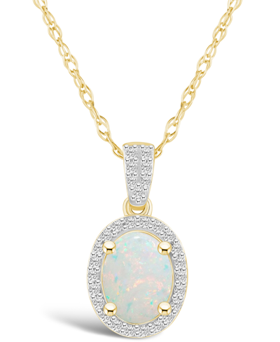 Macy's Created Opal (1/2 Ct. T.w.) And Created Sapphire (1/6 Ct. T.w.) Halo Pendant Necklace In 10k Yellow