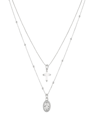 Unwritten Silver Plated Brass Crystal Mary And Cross Duo Necklace With Extender