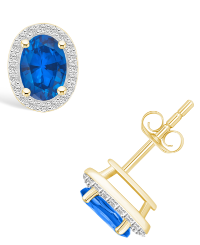 Macy's Lab Grown Sapphire (1-2/3 Ct. T.w.) And Lab Grown White Sapphire (1/5 Ct. T.w.) Halo Studs In 10k Ye
