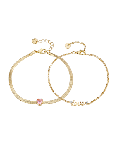 Unwritten Pink Cubic Zirconia Heart "love" Duo Bracelet Set, 2 Piece In Gold Flash-plated