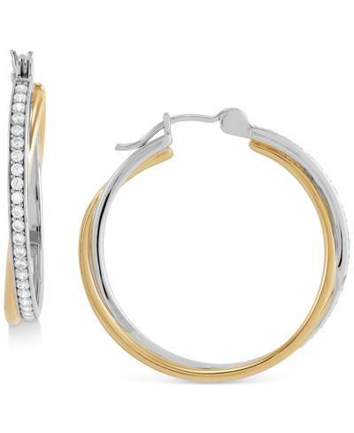 Macy's Cubic Zirconia Twist Medium Hoop Earrings In Sterling Silver & 14k Gold-plate, 1.25" In Gold Over Silver