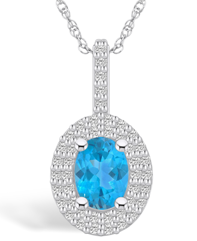 Macy's Blue Topaz (1-5/8 Ct. T.w.) And Diamond (1/2 Ct. T.w.) Halo Pendant Necklace In 14k White Gold