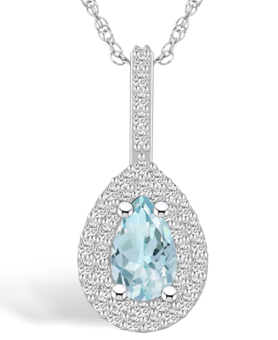 Macy's Aquamarine (3/4 Ct. T.w.) And Diamond (3/8 Ct. T.w.) Halo Pendant Necklace In 14k White Gold