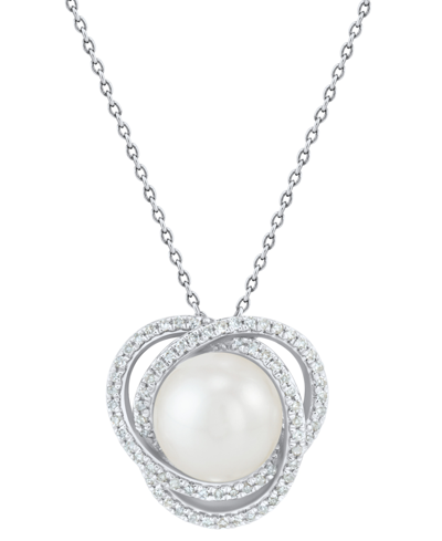 Honora Cultured Freshwater Pearl (8mm) & Diamond (1/6 Ct. T.w.) Love Knot Pendant Necklace In 14k White Gol In White Gold