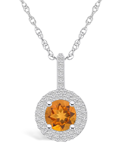 Macy's Citrine (1-1/4 Ct. T.w.) And Diamond (3/8 Ct. T.w.) Halo Pendant Necklace In 14k White Gold