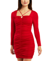 BCX JUNIORS' LONG-SLEEVE RUCHED BODYCON KEYHOLE DRESS