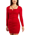Bcx Juniors' Long-sleeve Ruched Bodycon Keyhole Dress In Red Red