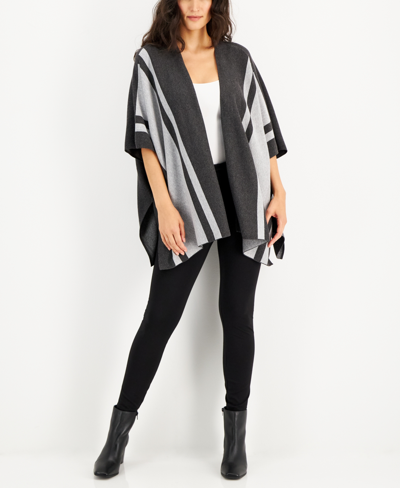 Alfani Women's Striped Cape Poncho Sweater, Created For Macy's In Grey Heather Colorblock