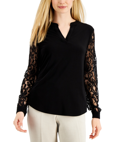 Kasper Women's Split-neck Lace-sleeve Blouse In Black