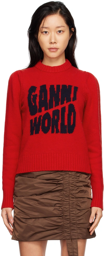 Ganni World Graphic Recycled Wool Blend Sweater In Red