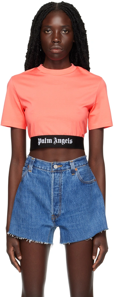 Palm Angels Pink Logo Tape T-shirt In Coral White