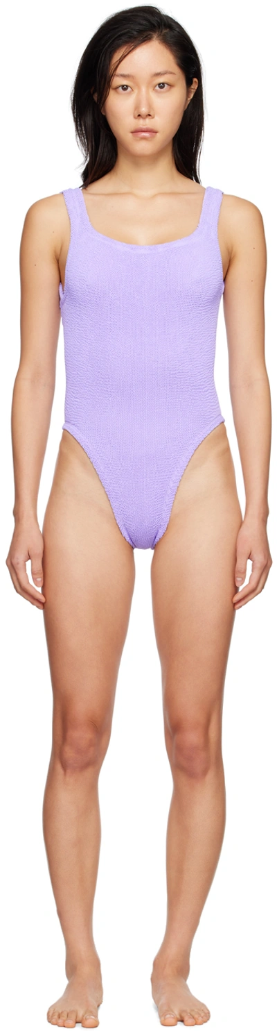 Hunza G Coverage Square Neck Seersucker Swimsuit In Purple
